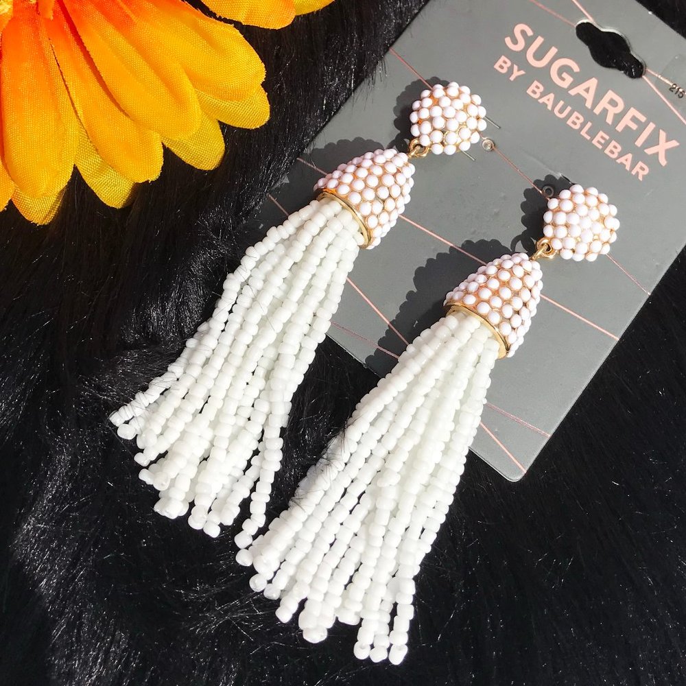 Boho Earrings Tassel Bead Drop Posts White Gold